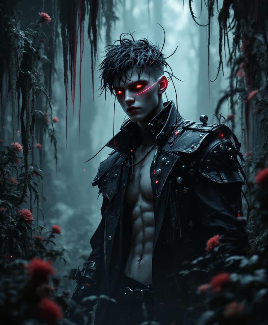 AI generated: Full height Portrait of young cyber driad gloomy, villain, centered portrait, predatory pikes even n...