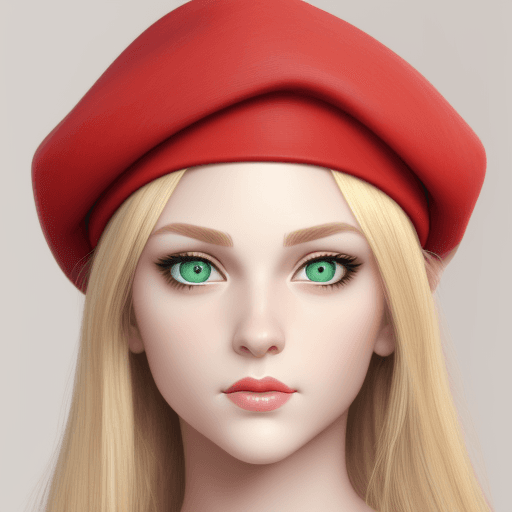 AI generated: realistic photo woman with green eyes, blonde hair, snub nose, red beret, white skin