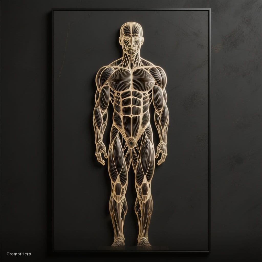 AI generated: Minimalist anatomical muscle wall art, elegant and sophisticated, modern luxury style, black matte b...