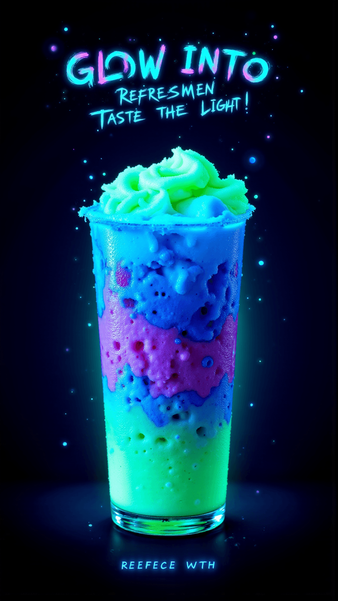 AI generated: A vibrant, eye-catching poster promoting a bioluminescent slushy drink. The slushy is multi-layered ...
