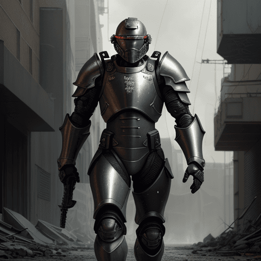 AI generated: black armed male figure in battle armor, short, dark hair, armed figure, weapon in hand, aiming, sca...
