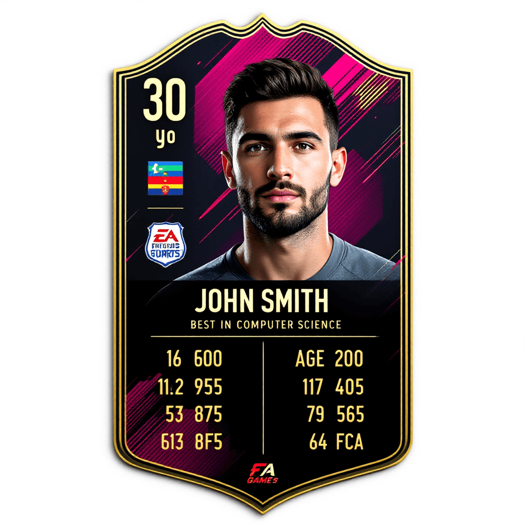 AI generated: Card of a 30 y.o. man with specific data table "Name John Smith Age 35 Best in Computer Science" BRE...