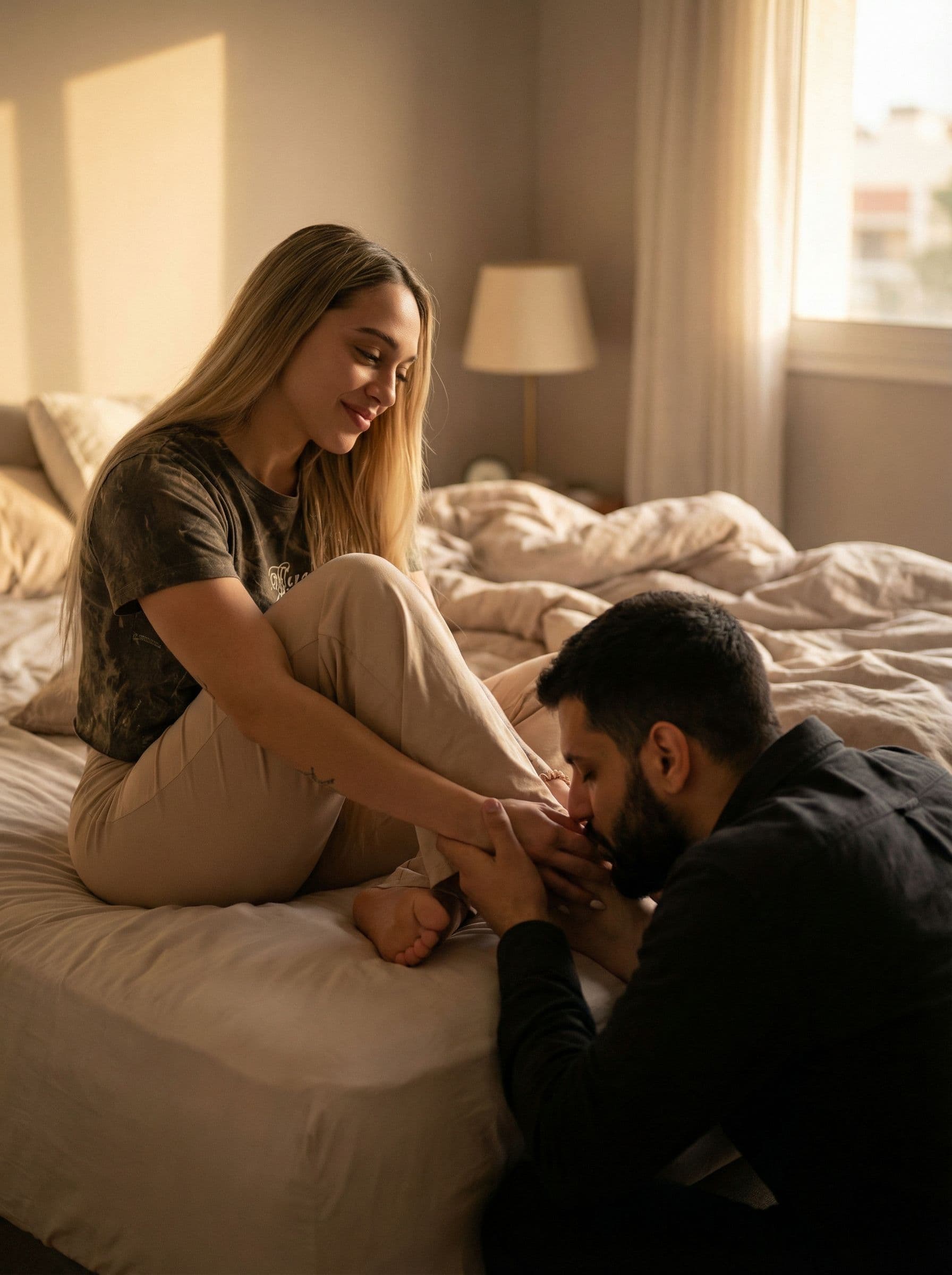 AI generated: A romantic, artistic scene of a husband gently kissing his wife’s foot, soft lighting, emotional and...