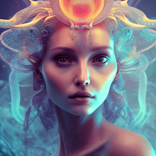 AI generated: Goddess close-up portrait ribcagel. jellyfish phoenix head, nautilus, orchid, skull, betta fish, bio...