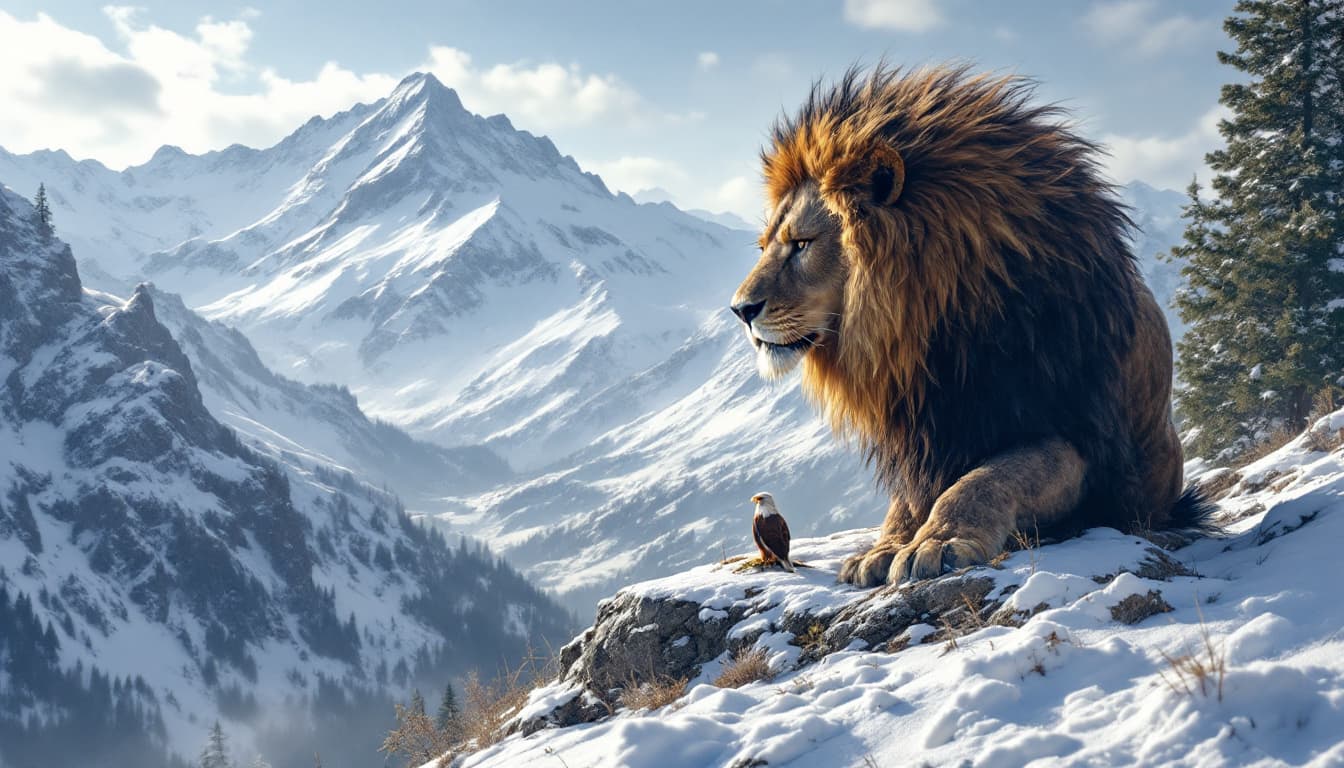 AI generated: eagle and lion in snow mountain