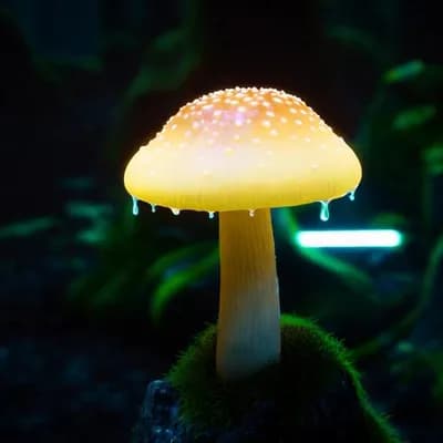 AI generated video: (dark shot:1.1), luminous backlit glowing forest mushroom, drops, neon lights around the mushroom, f...