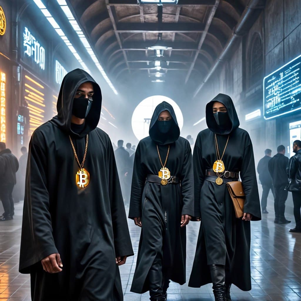 AI generated: cypherpunk monks, cyber spiritualism, futuristic bitcoin streetwear fashion, photorealism, (Masterpi...