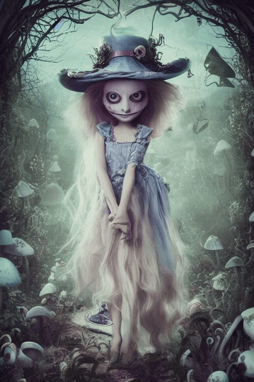 AI generated: Tim burton style, (portrait of Alice In Wonderland), ((young girl playing with a white skull)), cute...