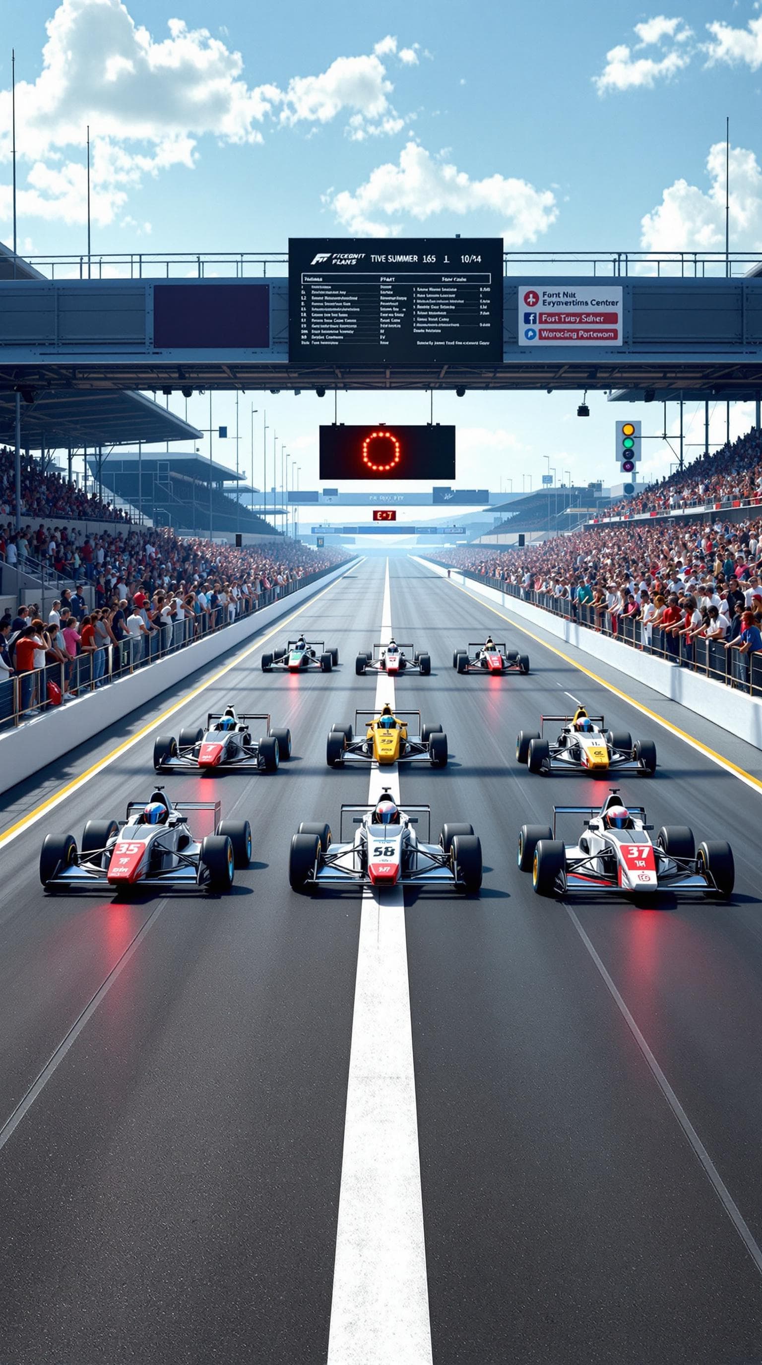 AI generated: Summer. At the start of the race track, (White stripe across the track) there are 5 (five) racing ca...