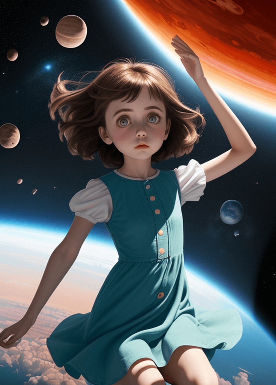 AI generated: The girl wearing the short dress has a big colorful circle behind her, brown hair, big eyes, hanging...