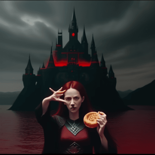 AI generated: DVD screengrab from a dark fantasy film, floating demon hand, with four fingers, holding a bagel, da...