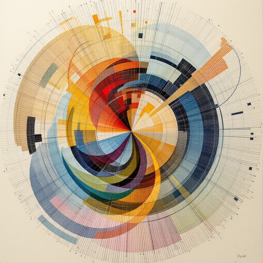 AI generated: A large circle that is broken into smaller sections, each with different colors and lines stretching...