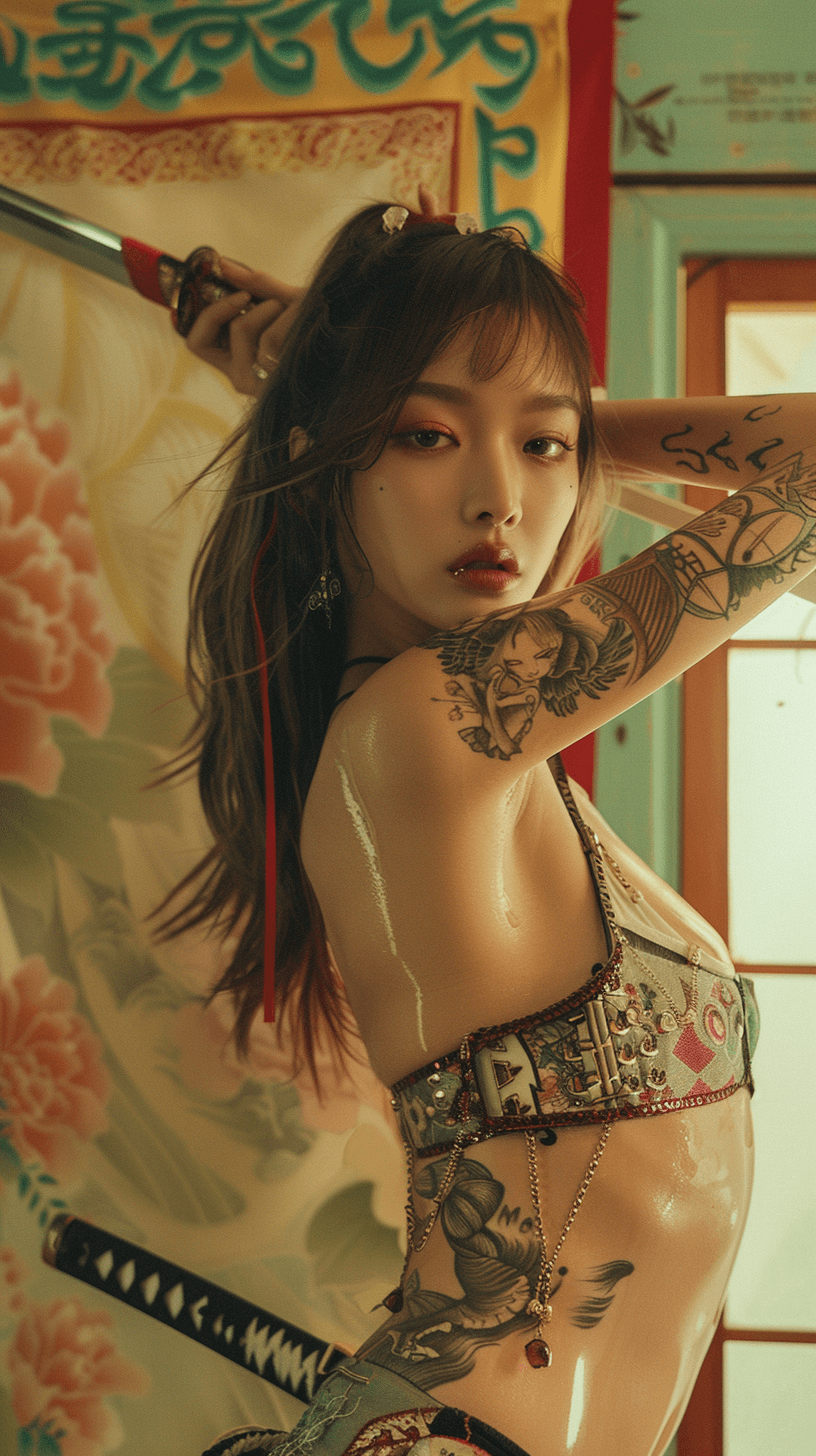 AI generated: Korean Retro Poster, 27 year old Thai model Lalisa Manobal from the Korean girl group Blackpink, sle...