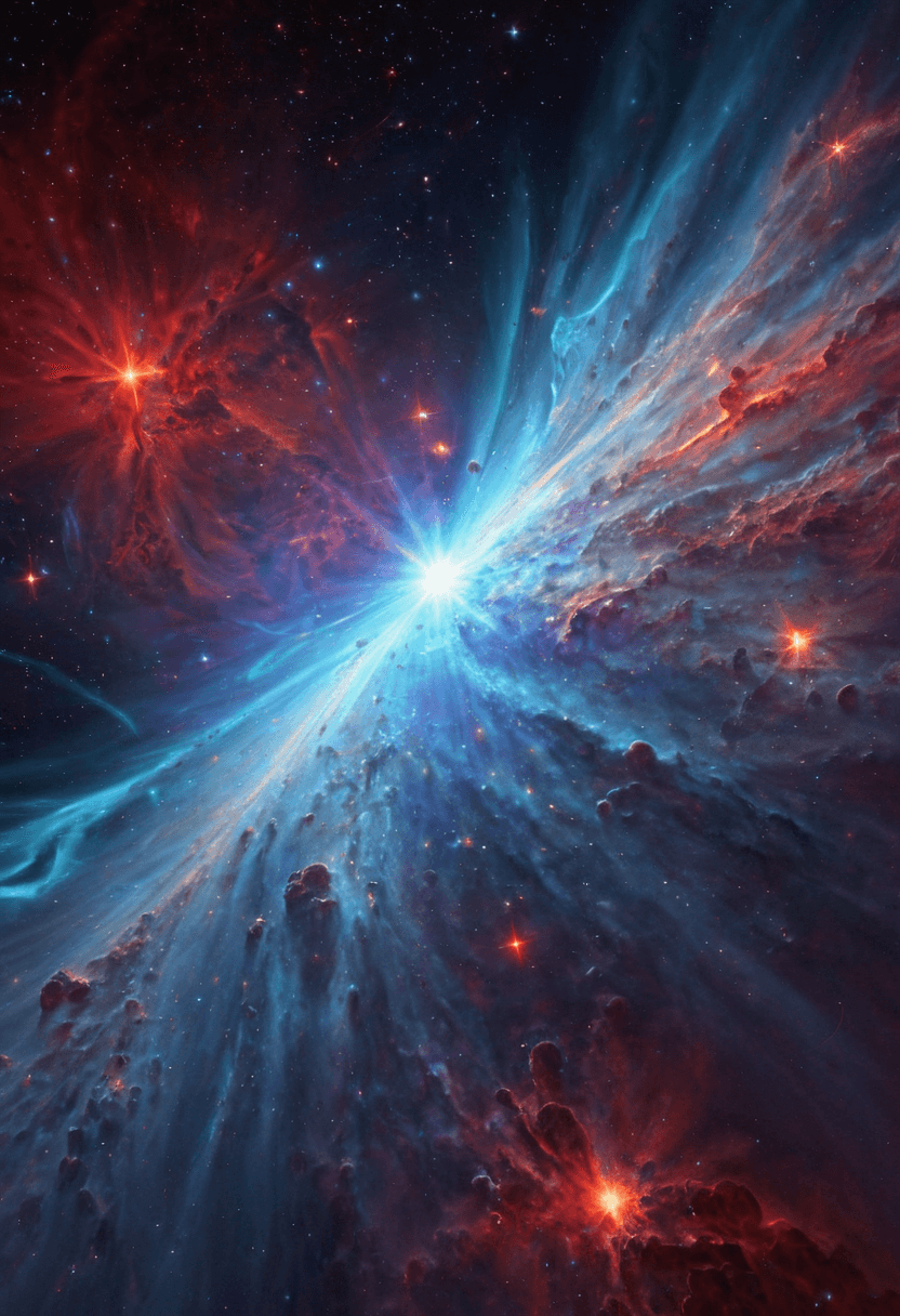 AI generated: A high detail cosmic nebula with vibrant reds and blues, dynamic colors and shifting lights, intrica...