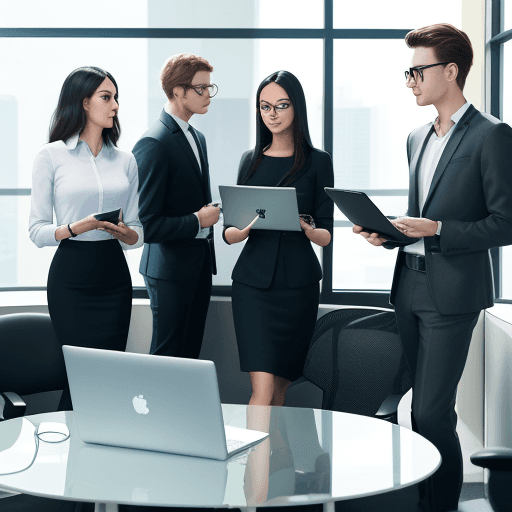 AI generated: An internet company promotional image featuring four employees engaging in a discussion in a modern ...