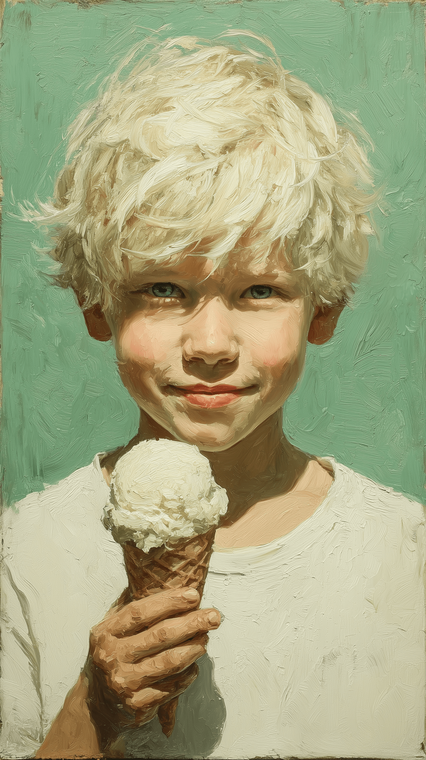 AI generated: oil painting, simplify, front portraits, boy, white hair, wearing a white T-shirt, holding a soft ic...