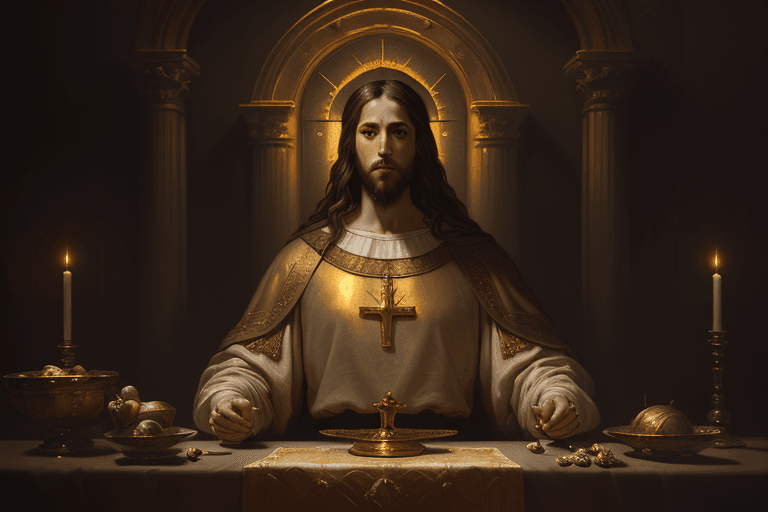 AI generated: breathtaking soft Jesus Christ painting, a golden sky, genre oil painting, Rembrandt style, elegant,...