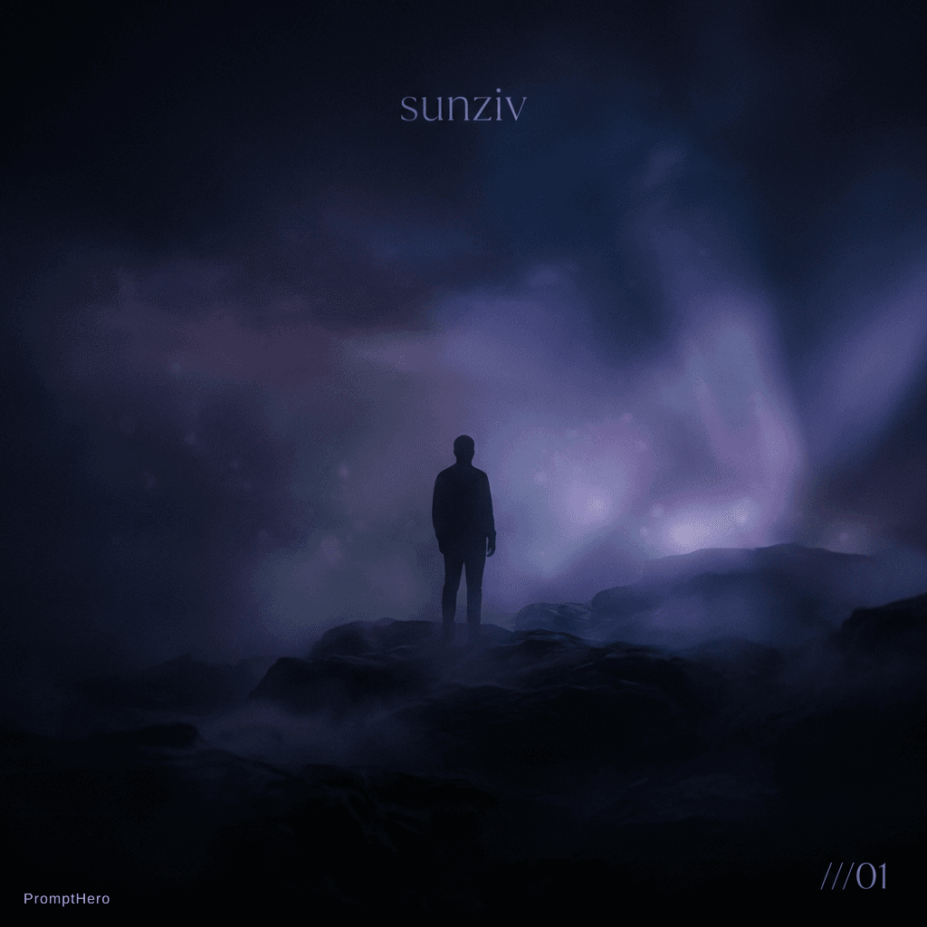 AI generated: cinematic melodic techno album cover, deep black with blue and violet gradients::2, soft glowing lig...