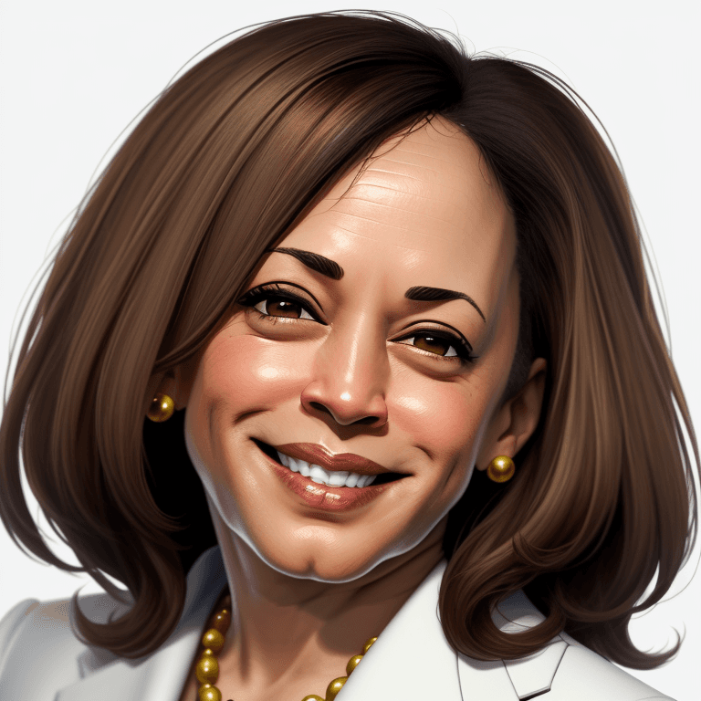 AI generated: cartoon kamala harris headshot, looking into camera, white background, smiling, 4K, wearing a suit
