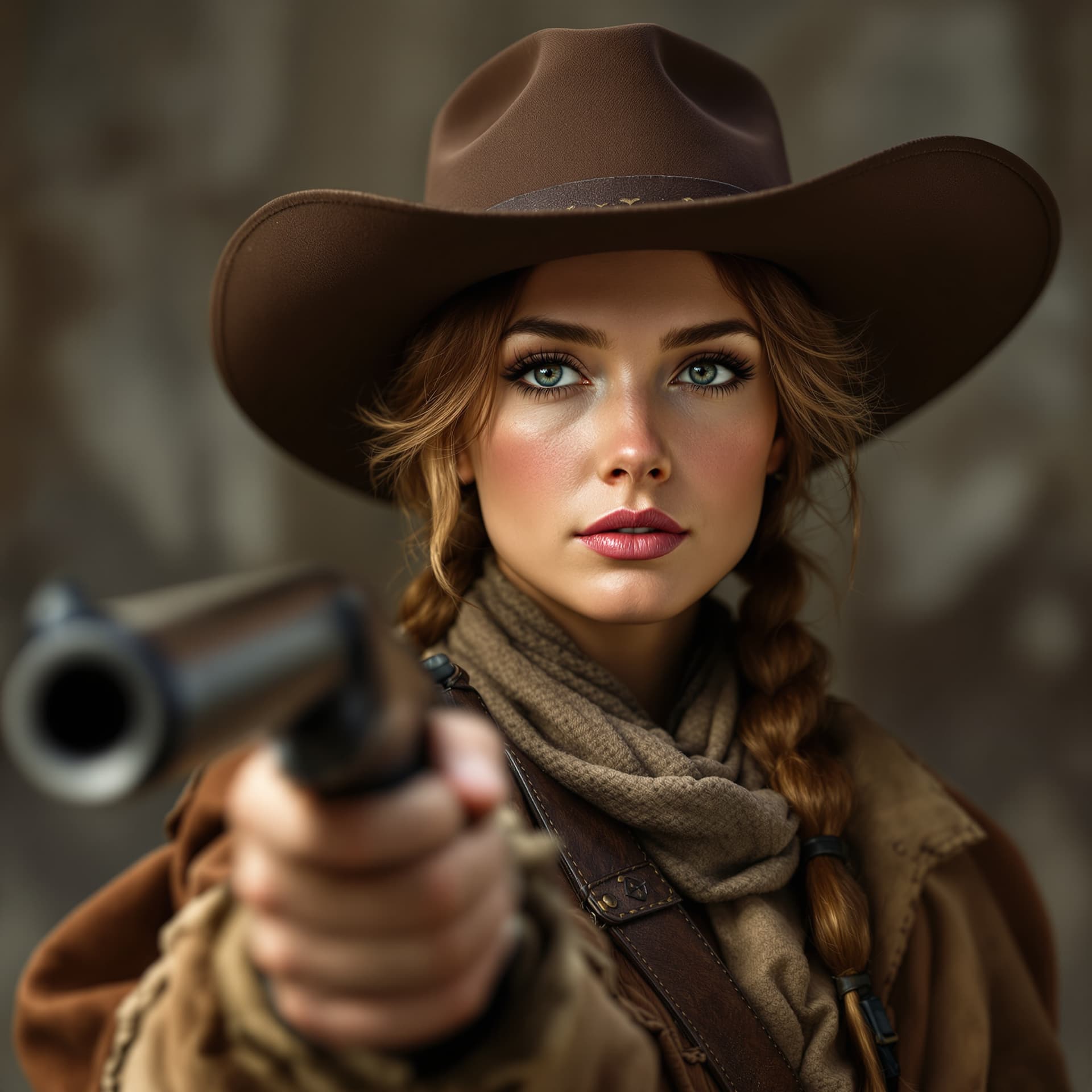 AI generated: a beautiful Annie Oakley with her Winchester Model  1873 . she is wearing a cowboy hat and western g...