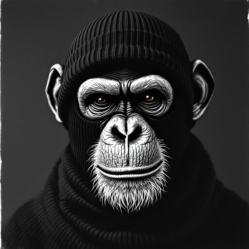 AI generated: chimpanzeeface, drawn in flat white ink on a ribbed knit balaklava (3-holes skimask)