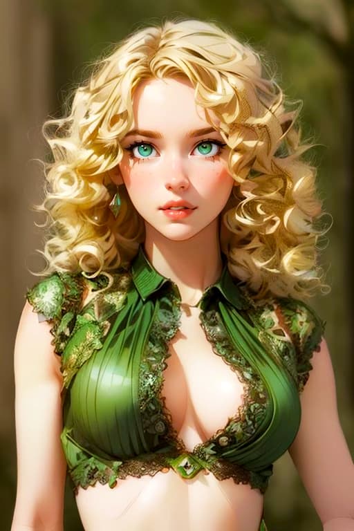 AI generated: A timeless beauty of a young female, with green eyes and curly blonde hair, ancient sensual attire, ...