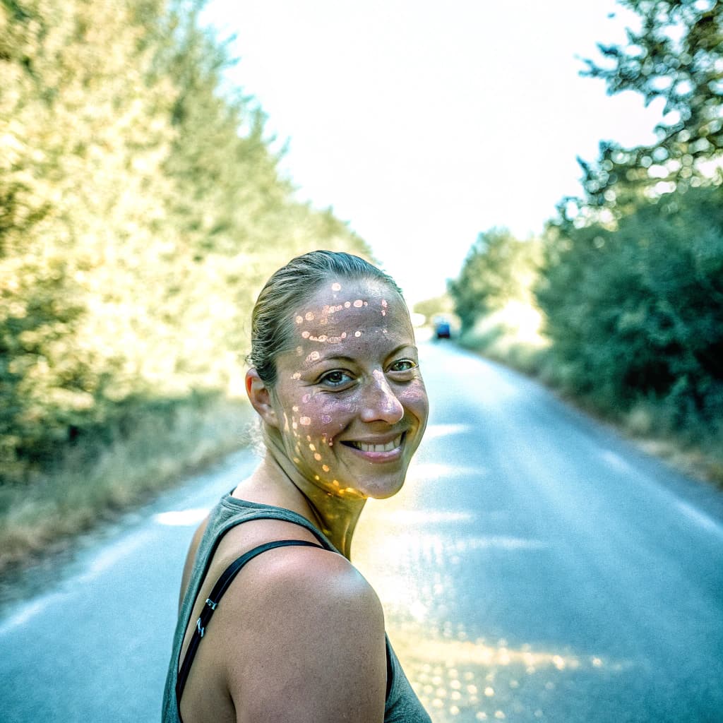 AI generated: A hyperrealistic white woman walks toward us, facing the camera, along a very realistic forest trail...