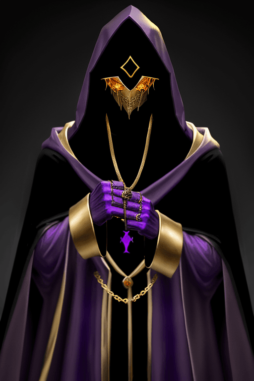 AI generated: Shadow wizard money gang, in purple cloak hood, dark face, gold chains and jewellery
