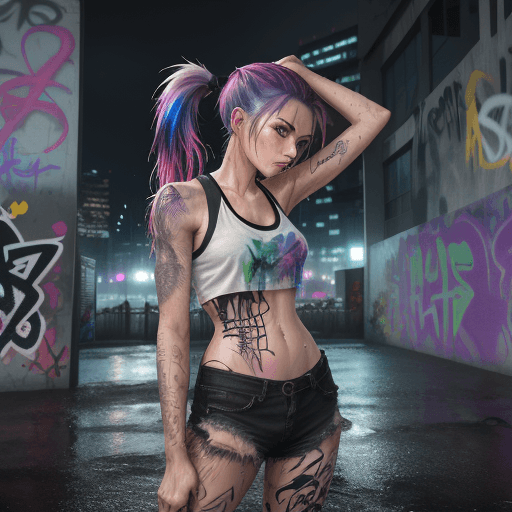 AI generated: masterpiece, concept art, centered, wide shot, front view, 1girl, wet, (rain, night) , body tattoo, ...