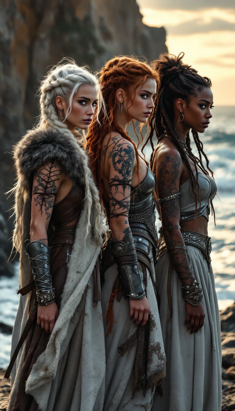 AI generated: Three stunning Viking warrior women standing on a rocky cliff, their beauty enhanced by the natural ...