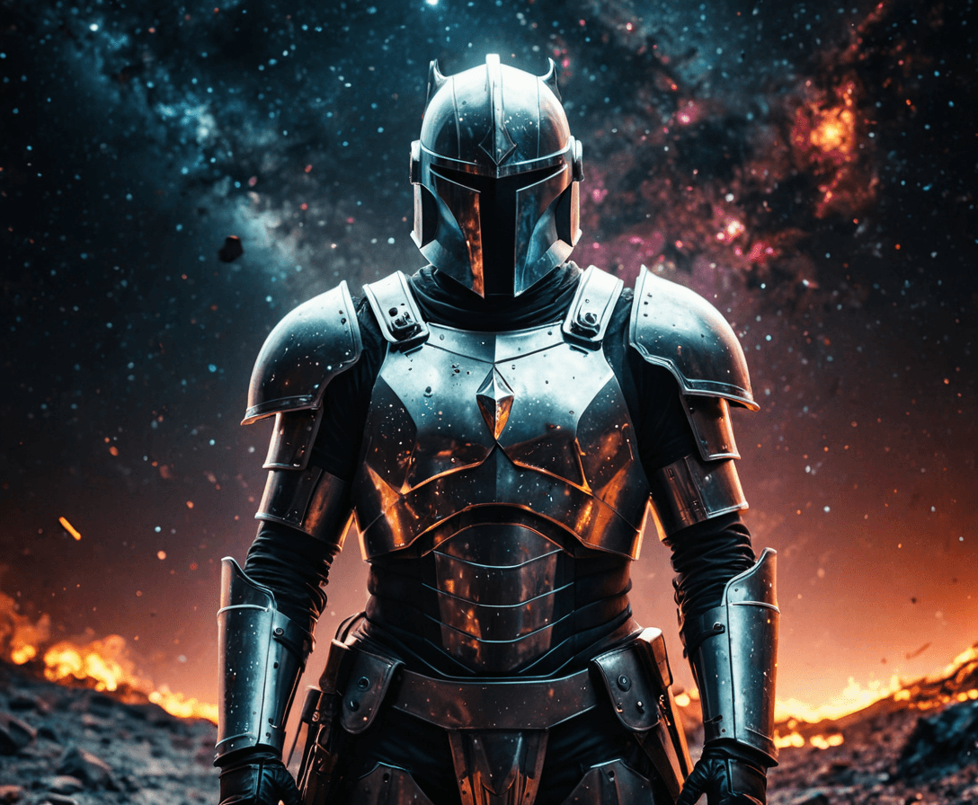 AI generated: Cosmic Fallen Knight, Cosmic Gray, Strangely, horrid, Very bright colors, Light particles, There is ...
