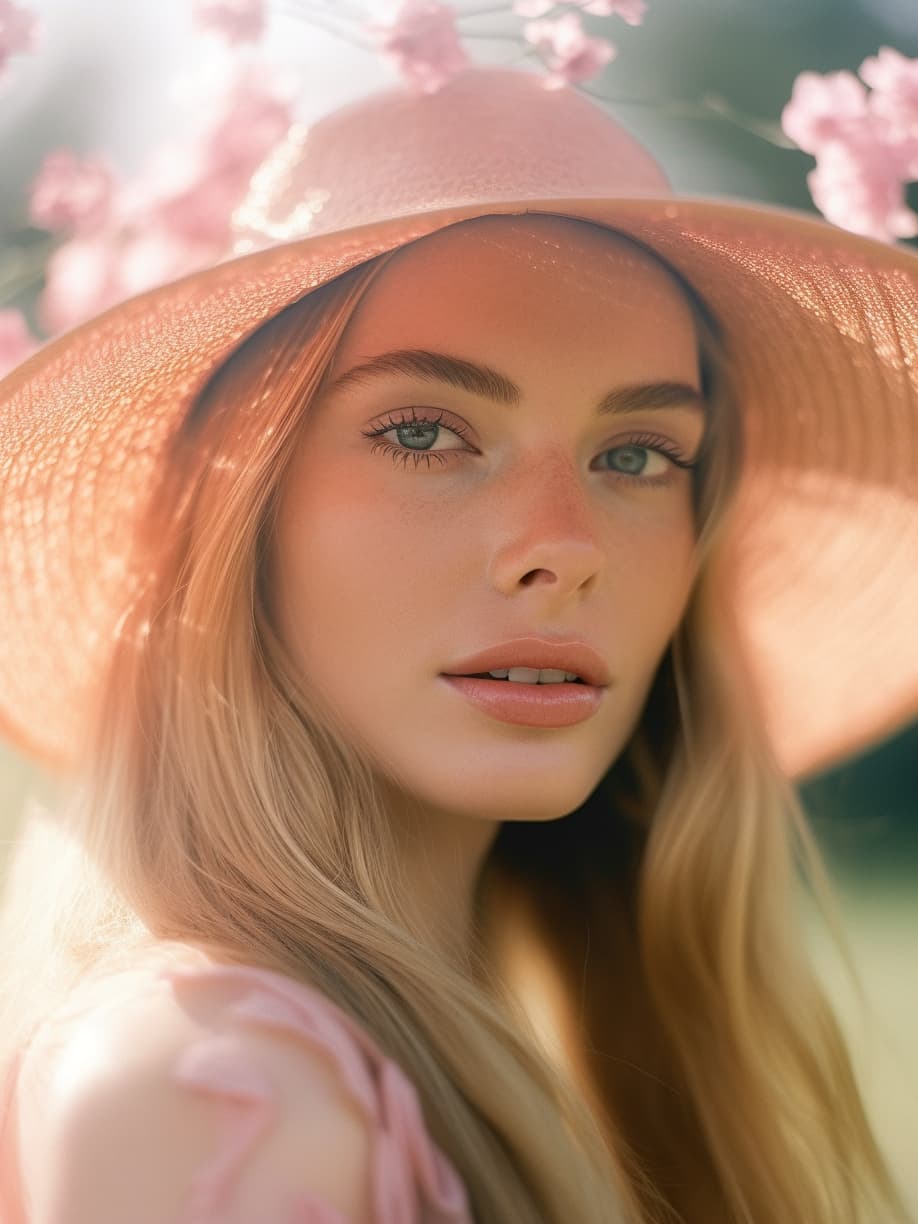 AI generated: a close up of a person wearing a hat, lush flowery outdoors, shot on anamorphic lenses, photo of a m...