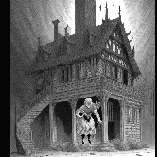 AI generated: A Poltergeist wreaking havoc in a medieval house, the owner of the house is scared, themed setting, ...