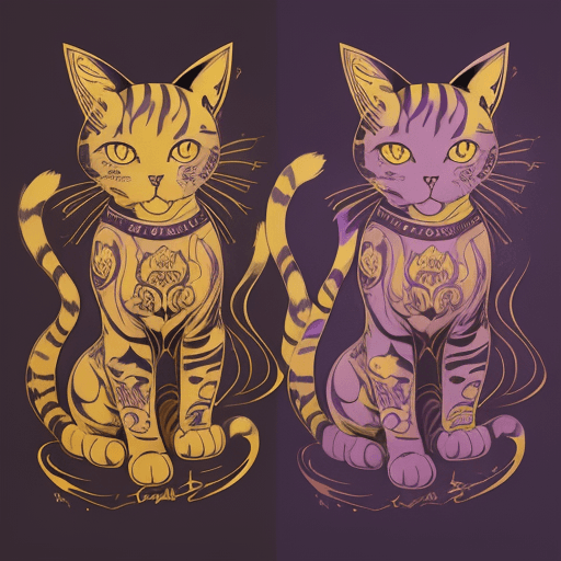 AI generated: Cat tattoo designs by Karimah, in the style of silkscreen, gold and purple, rollerwave, stenciled ic...