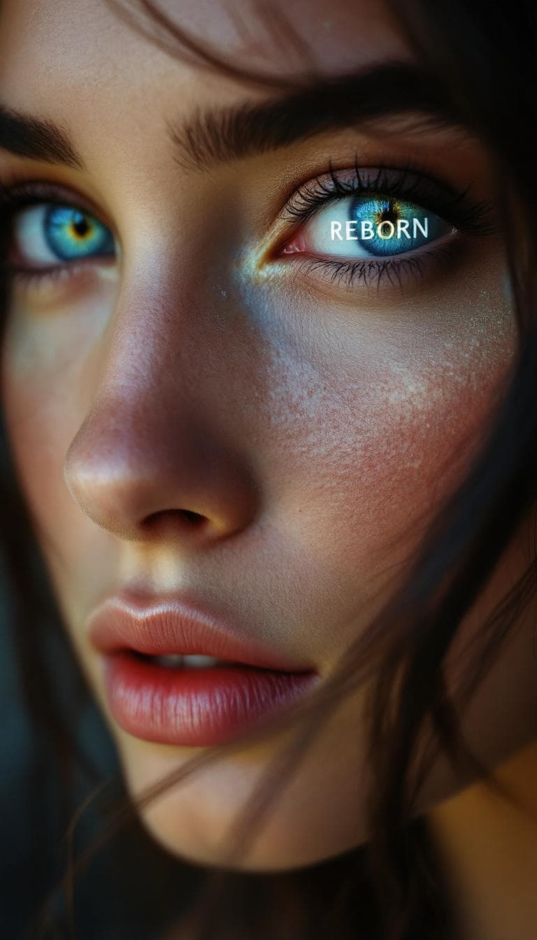 AI generated: high-resolution closeup photographs beautiful  woman, UHD, photorealistic, with the word REBORN in b...