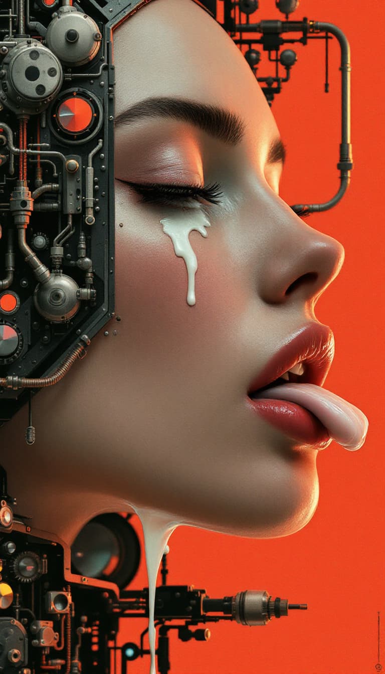 AI generated: A side view face of a beautiful European woman in the style of retro futuristic propaganda, her eyes...