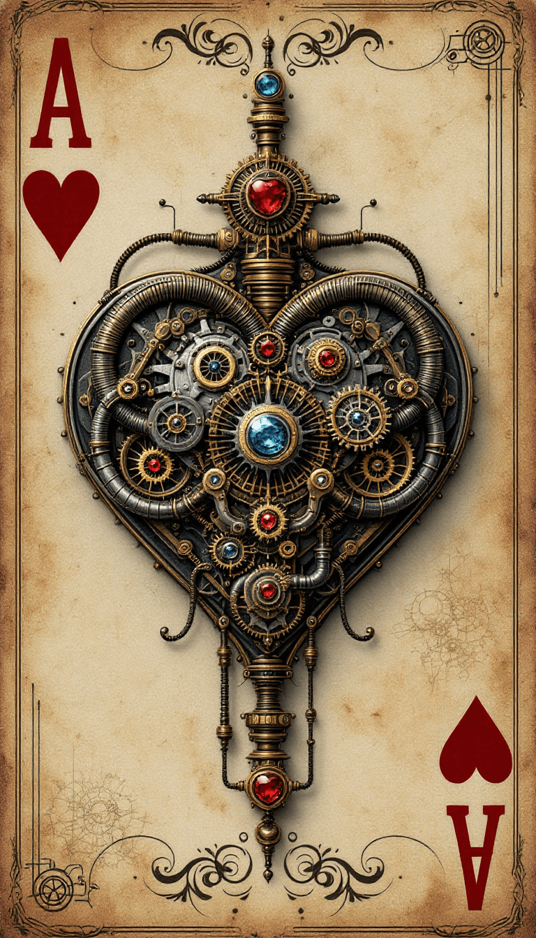 AI generated: Design a steampunk Ace of Hearts playing card. The centrepiece should be an intricate heart emblem m...