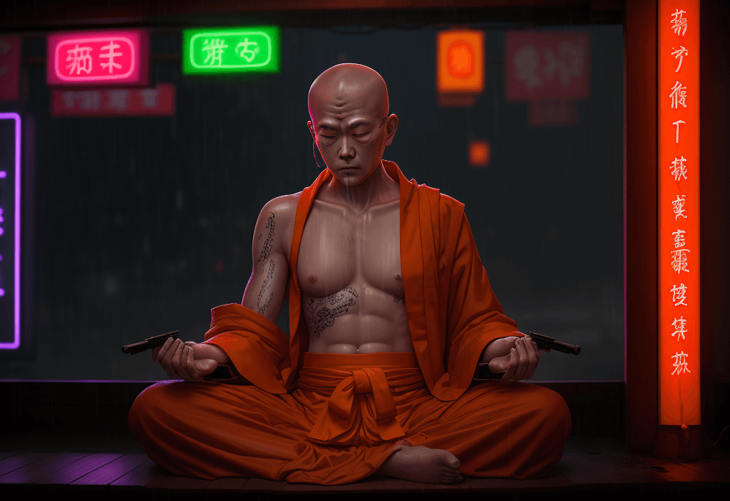 AI generated: wise old buddhist monk cyberpunk rain filled and mist filled buddhist temple, a cyberpunk buddhist m...