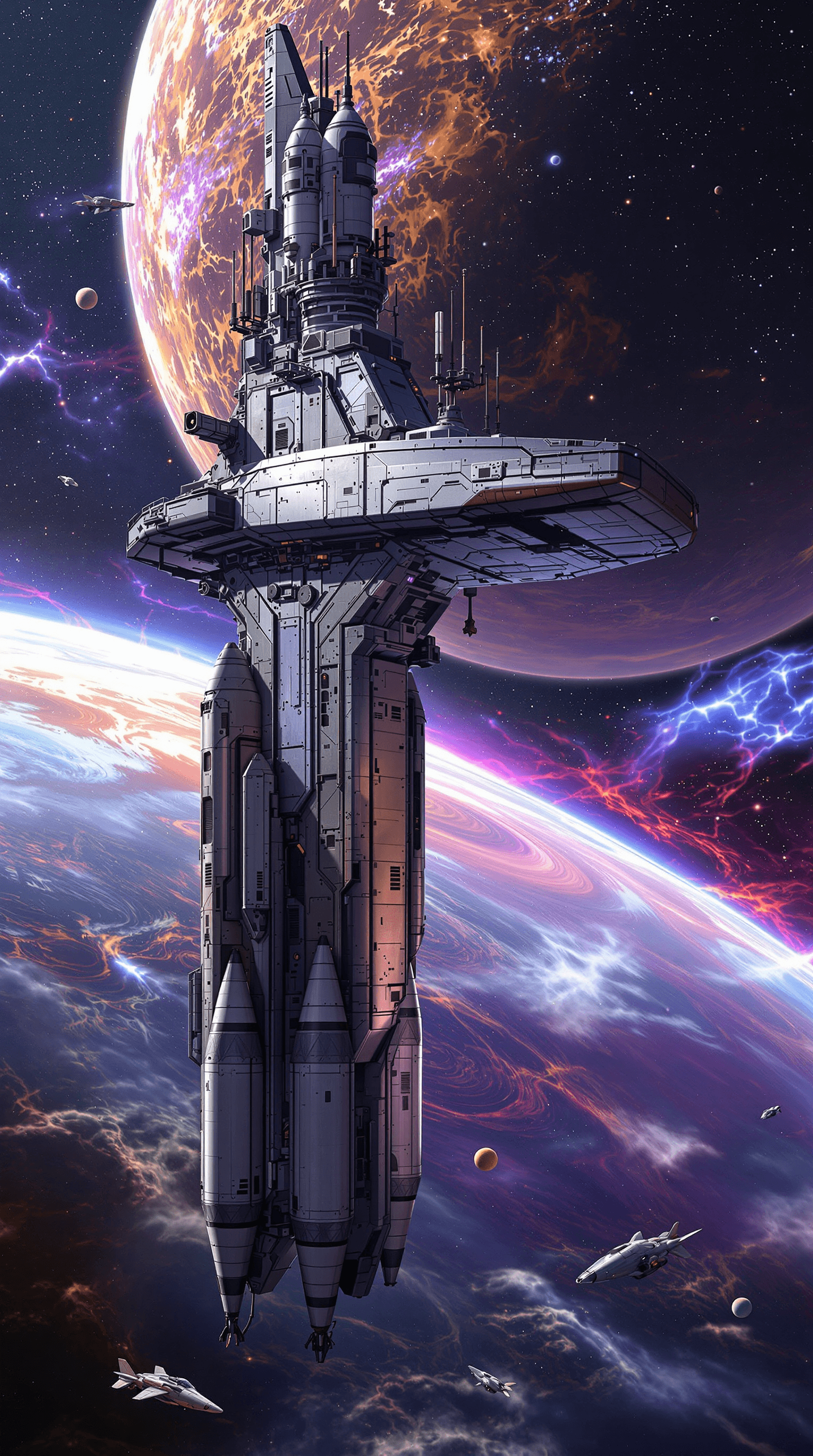 AI generated: A highly detailed concept art of a futuristic spaceship, designed in a vertical configuration with a...