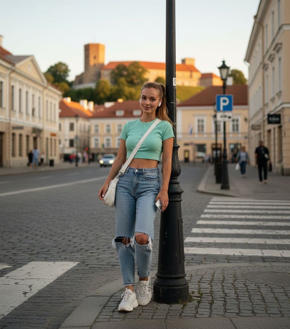 AI generated: 22-year-old 5 foot 7 Spanish girl, standing. stands in Vilnius Old Town against the backdrop of Gedi...