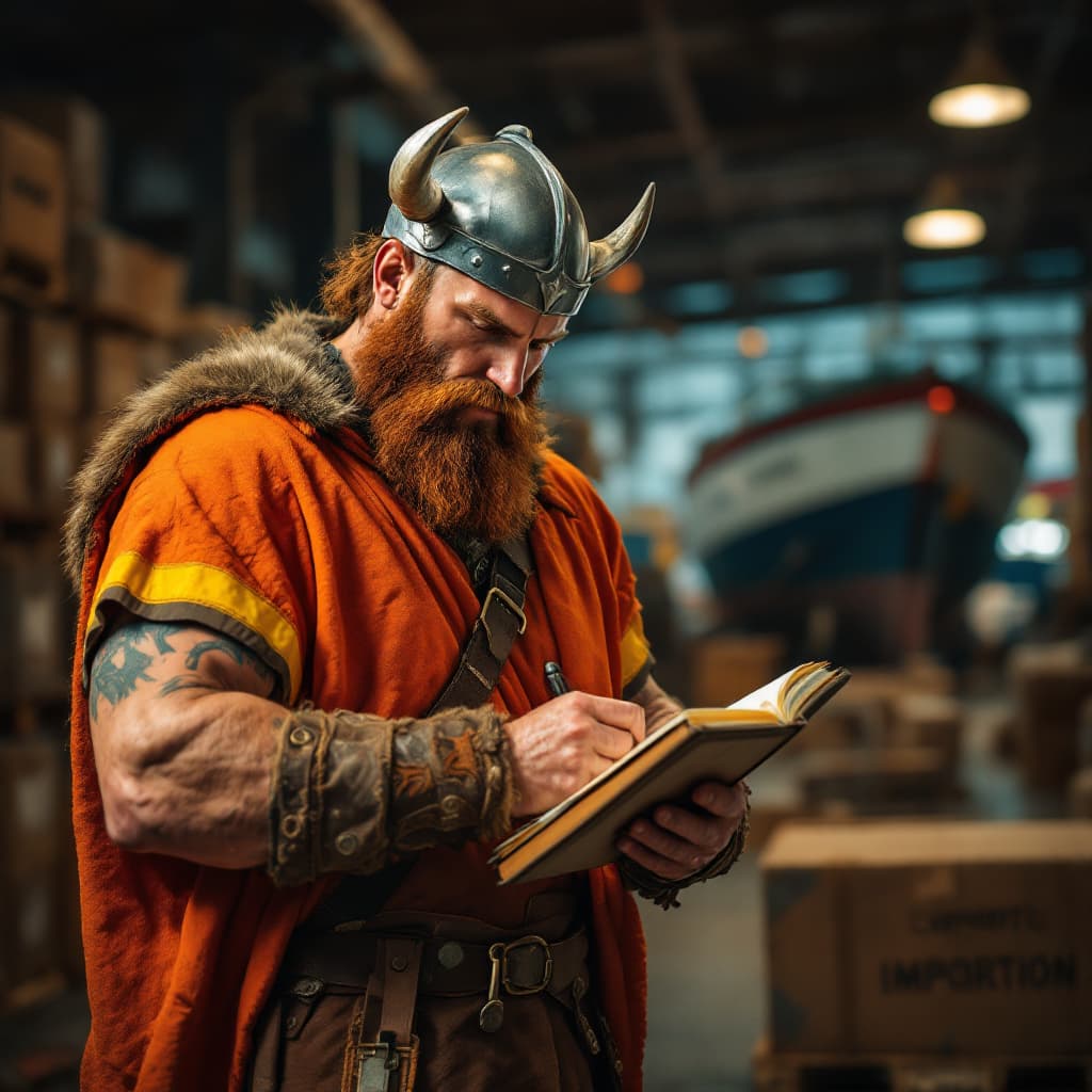 AI generated: "Un vikingo musculoso, con barba rojiza y casco con cuernos, lleva un chaleco reflectante naranja de...