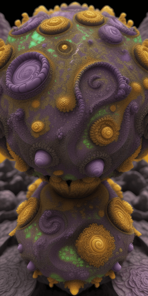 AI generated: Close-up of intricate marble/Lava fractal mandelbulb, purple and green details, golden orange main p...