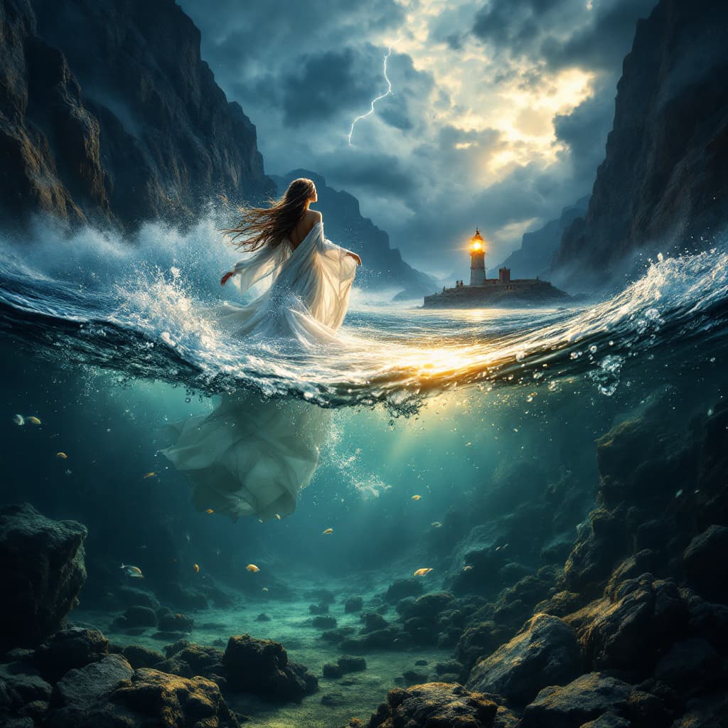 AI generated: An awe-inspiring cinematic split-frame image, where the lens is half-submerged, seamlessly blending ...