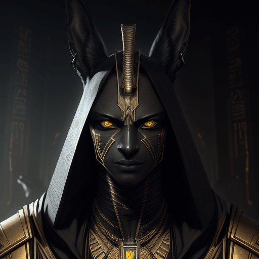 AI generated: portrait the egyptian male anubis, cyberpunk, black, pyramid, hyperdetailed eyes, hyperrealism extre...