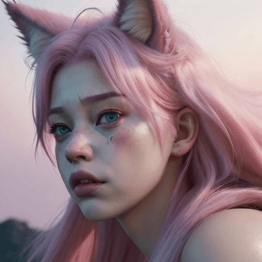 AI generated: Ahegao, Furry, Pink hair, Wolf Ears, dramatic light, pale sunrise, cinematic lighting, battered, low...