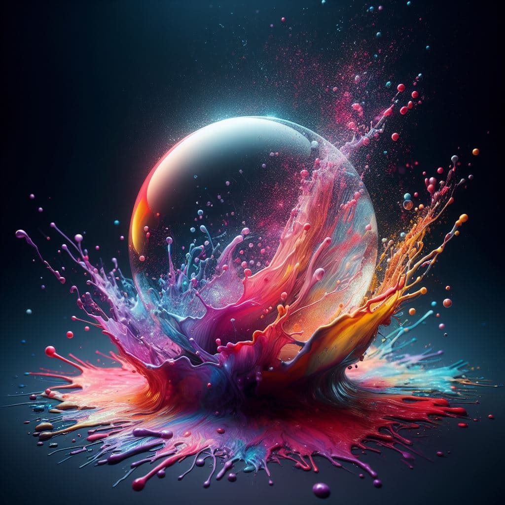 AI generated: use radiosity to create a crystal ball landing in a splash of colorful paint