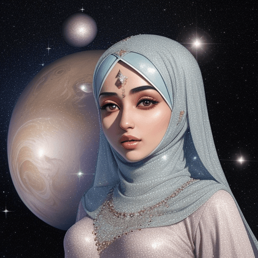 AI generated: Muslim hijabi women covered in diamonds, hyper realistic, floating in the universe --ar 9:16