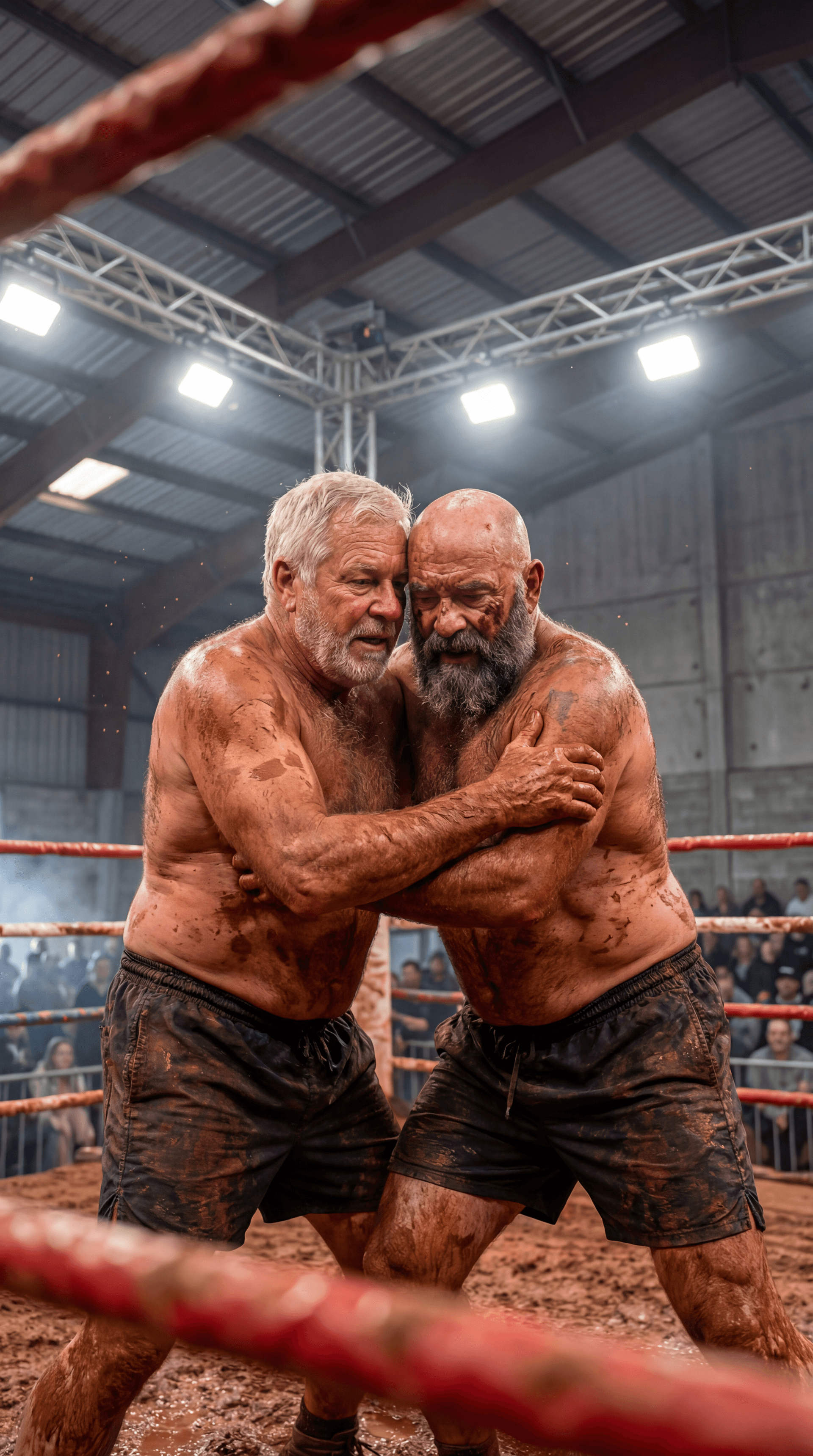 AI generated: REALISTIC SPORTS EVENT PHOTOGRAPH — INDOOR ARENA BOXING RING — RED CLAY MUD WRESTLING — VERTICAL 9:1...