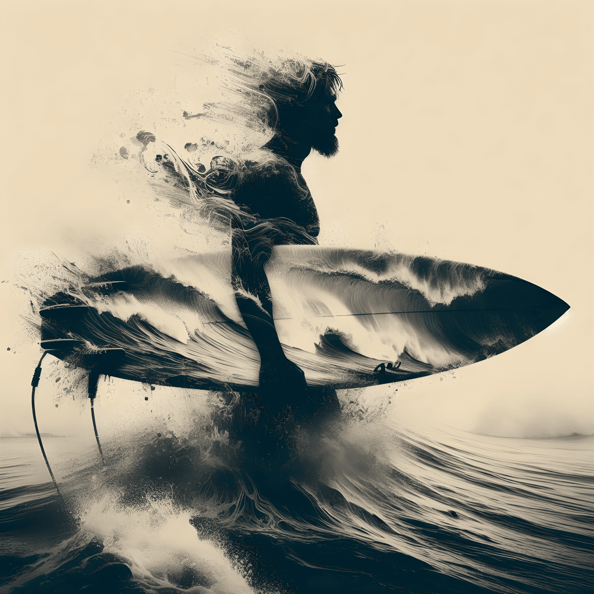 AI generated: Surfer in the style of mysterious abstractions, double exposure, emotional gestural marks, grainy no...