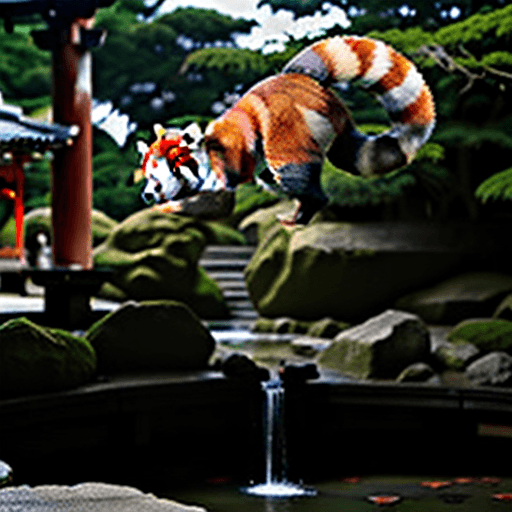 AI generated: Red panda is levitating on the back in the Kyoto garden 